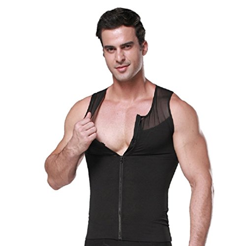 Stworld Mens Bodysuit Corset Vest Abs Abdomen Mesh Patchwork Underwear with Zipper Black