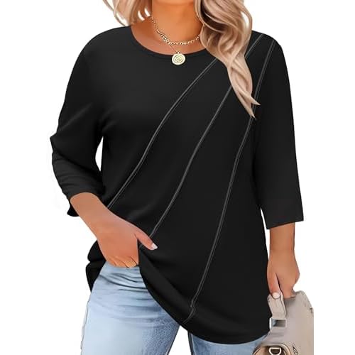 LOMON Womens Plus Size Tops 3/4 Length Sleeve Womens Tops Pleated Crewneck Fall Shirts Summer Blouses 2026 (1X-5X)