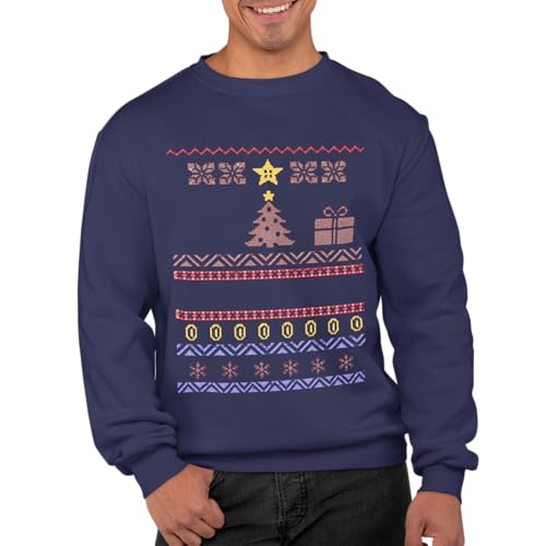 Image of Graphic Impact Inspired Retro Gaming Freak Christmas Jumper Ugly Xmas Sweatshirts (Large, Navy)