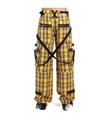 Men's Yellow Tartan Plaid Pants Punk Gothic Slim Fit Checkered Casual Trousers2