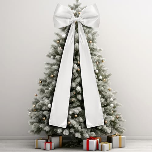Daifunli 20 x 47 Inches Extra Large Christmas Satin Bows Christmas Tree Topper Decorations Giant Xmas Tree Toppers Bows for Home Wreath Wall Holiday Birthday Wedding Engagement Party Decor(White)