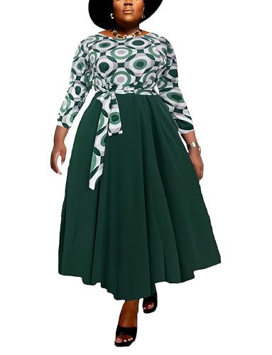 Image of Hostoyo Women Plus Size Formal A Line Maxi Dress Self Tie Waist with Pockets Elegant Round Neck Swing Long Dresses