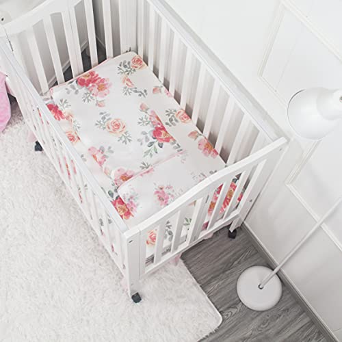 Image of La Premura Mini Crib Bedding Set for Girls, Watercolor Floral Baby Nursery Portable Crib Set, 3 Piece, Pastel Pink