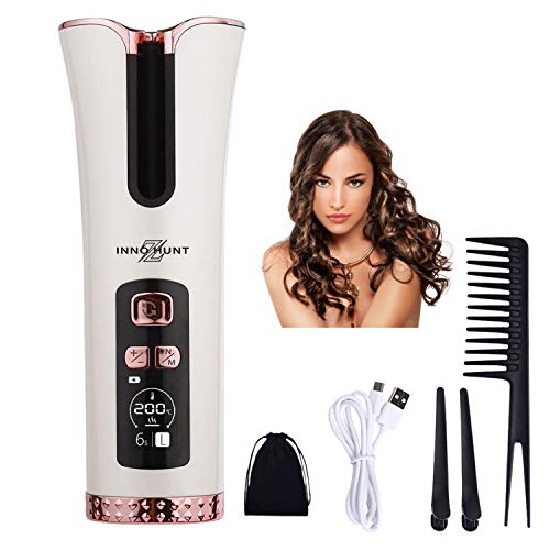 Inno Huntz Automatic Curling Iron - Cordless Hair Curler â€“ Curling Wand with 4 Time and 3 Temperature Settings â€“ Portable Curling Iron â€“ Wand Curler for Hair Styling â€“ Lovely Christmas - White