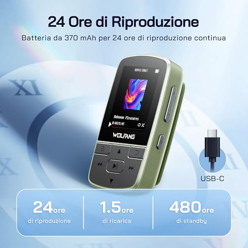 Wolfang Lettore MP3 Da 64 Gb Con Bluetooth 5.2, Clip Sportiva, Formato Mini, Peso 28,3 G, Radio Fm Hif, Registratore Vocale, Auricolari Inclusi, Verde Militare - 8