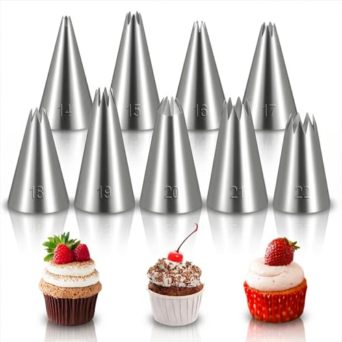 SHENLIU 9 Stück Professionelle Lochtülle Set, Blumen Spritztüllen Edelstahl Tüllen Spritztülle Groß Wiederverwendbare Piping Tips Sterntülle Tüllen für Creme Kuchen Backen Tortenspritze (9 Größe)