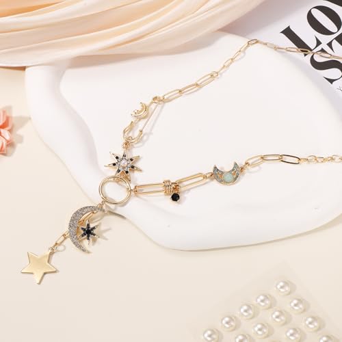 Gold Charm Necklace, Sun Moon and Star Necklace Boho Paperclip Necklace Vintage Chunky Pendant Necklace Jewelry Gift for Women Birthday3