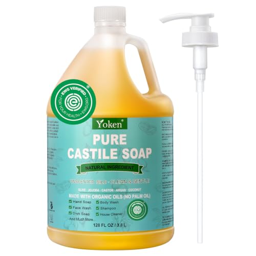 Image of Yoken Pure Castile Liquid Soap 128 Oz Unscented Body Wash Dishes with Pump | No Fragrance Vegan Natural Laundry Dishes Mild Sensitive Skin Travel Camp Soaps Body Bath Hand Wash Bulk Size Refill 3.8 L