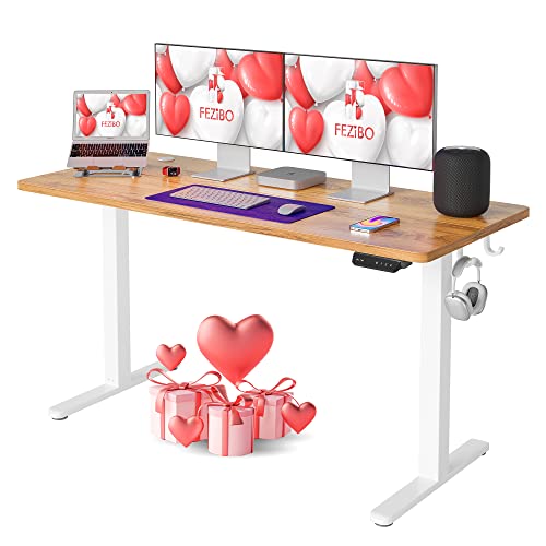 FEZIBO Electric Standing Desk, 55 x 24 Inches Height Adjustable Table, Ergonomic Home Office Furniture with Splice Board, White Frame/Light Rustic Brown Tabletop