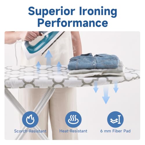Image of Whitmor Deluxe Ironing Board Cover with 6mm Fiber Pad, Fits 15 x 54 In | 88gsm cover, 6mm fiber pad, 190T elastic fit, scorch-resistant finish, medallion gray pattern.