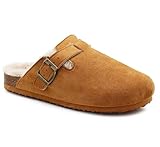 Womens Winter Slippers Faux Fur Lined Suede Clogs Slip On Adjustable Buckle Cork Footbed Backless Mules Ladies Casual Slippers (Tan, 4, UK Footwear Size System, Adult, Women, Numeric, Medium, 4)