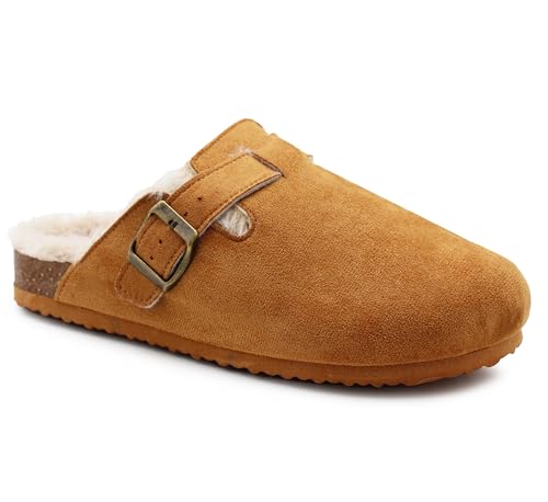 Womens Winter Slippers Faux Fur Lined Suede Clogs Slip On Adjustable Buckle Cork Footbed Backless Mules Ladies Casual Slippers (Tan, 3, UK Footwear Size System, Adult, Women, Numeric, Medium, 3)