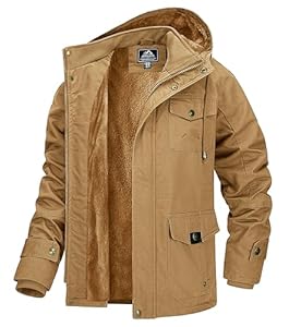 MAGCOMSEN Herren Jacke Winterparka Gefüttert Winddichte Fleecejacken Cargo Abnehmbarer Kapuze Winter Verdickt Winterjacke mit Vielen Tasche Khaki L