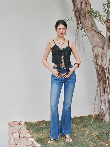 Image of CIDER Going Out Tops for Women Y2K Tie Front Lace Cowgirl Crop Tops | Asymmetrical Ruffle Hem, Spaghetti Strap, Country Concert, Western, Summer Outfits