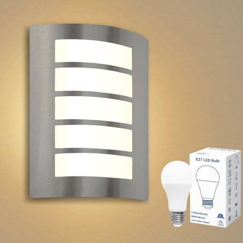 Wandlampe E27 Außenlampe IP44 Eckig Wandleuchte Gebürstet Edelstahl ABS für Hauswand Balkon Badezimmer Treppenbeleuchtung inkl.1x 12W 1200lm LED...