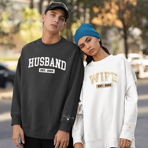 Custom Embroidered Wife & Husband EST 2023 Sweatshirt Hoodie, Embroidered Custom Name On Sleeve With Initial Hearts, Perfect Couple Gift3