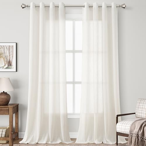 Image of Nanspring Cream Linen Curtains 102 Inches for Living Room 2 Panels Set Light Filtering Privacy Semi Sheer Extra Long Drapes Modern Elegant Cotton Textured Grommet Gauze Window Sheer Curtain 52x102