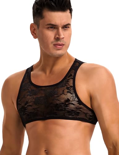 Mankini débardeur transparent noir en dentelle extensible douce