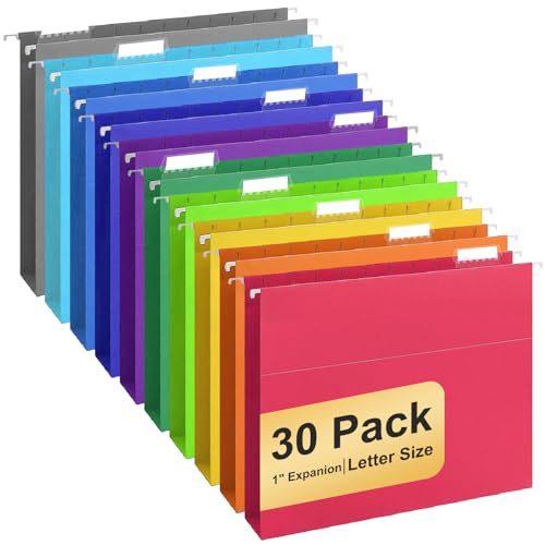 Hanging File Folders, 30 Pack Letter Size Hanging File folders with Tabs, Stay Organized for Your Home and Office Bulk File, Documents and Paper, 10 Colors
