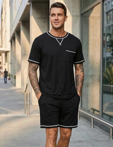 Image of SWOMOG Men Modal Pajamas Set Comfy Sleepwear Short Sleeve Pjs Set Soft 2 Piece Lounge Set Cozy Nightwear with Pockets Black XX-Large