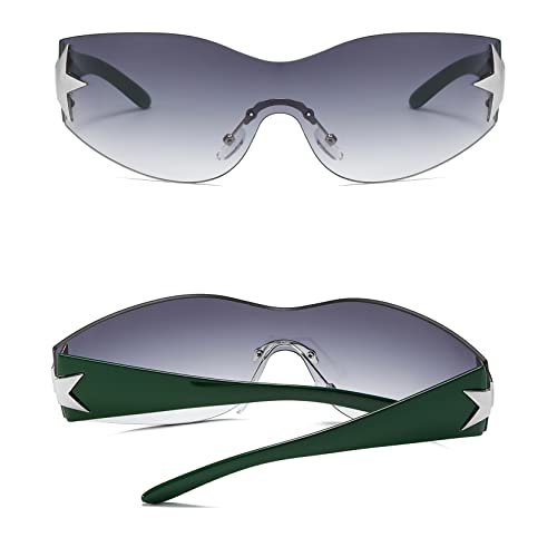 Image of Y2K Sunglasses for Women Men, 2000s Fashion Shield Wrap Around Y2K Glasses Rimless Oversized One Piece Lenses