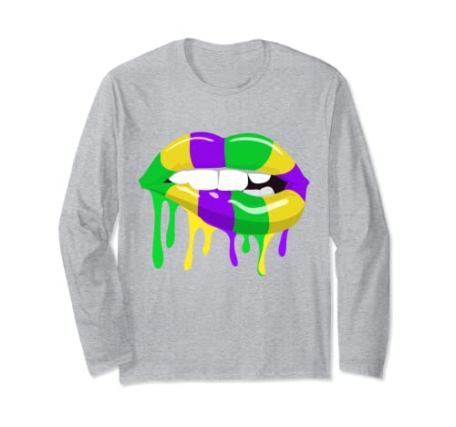 Mardi Gras Biting Lips Mardi Gras Labios Amarillo Verde Púrpura Manga Larga