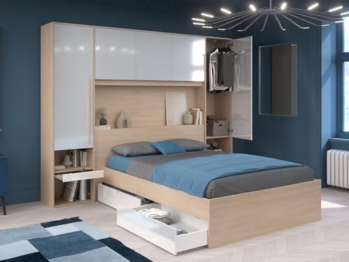 Vente-unique-Bett mit Stauraum + Lattenrost + Matratze - 140 x 190 cm - Mit LED-Beleuchtung - Holzfarben & glänzend weiß - VELONA – Bild 4