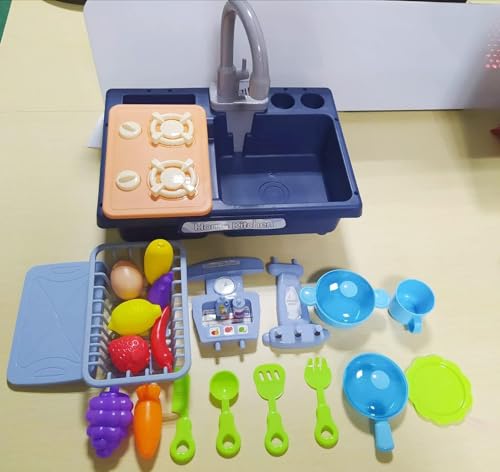 Image of Electric Kitchen Play Sink with Water Circuit, Dishwasher, Toys with Simulated Tap and Included Kitchen Accessories for Children (Blue)
