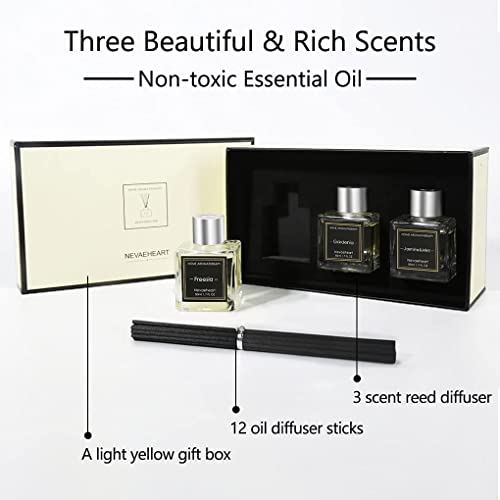 Nevaeheart Reed Diffuser Set, Gardenia/Freesia/Jasmine & Mint, 1.7Oz X 3 Packs Reed Diffuser, Oil Diffuser Sticks, Home Fragrance Products, Fragrance Diffuser With Gift Box #TOP1