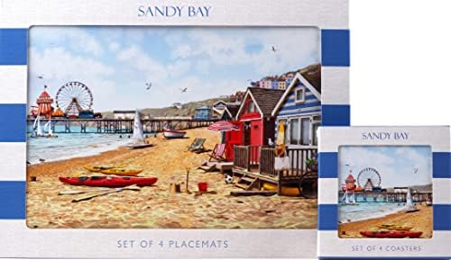 Set of 8 Vintage Chic Beach Hut Coastal Scene Dinner Place Mats and Coasters