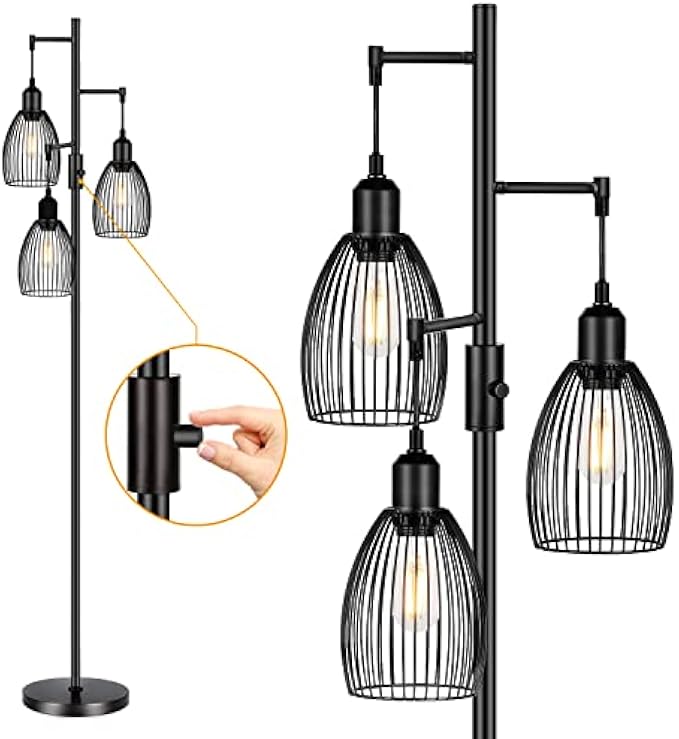 Dimmable Floor Lamp, 3 x 800LM LED Edison Bulbs, Farmhouse Industrial Floor Lamp Standing Tree Lamp with Elegant Teardrop Halter High Light for Living Room Bedroom Office Dining Room