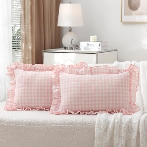 K MASANIJI 2 Pack Blush White Plaid Ruffle Gingham Lumbar Throw Pillow Covers, 100% Washed Cotton Checkered Girls Lovely Farmhouse Decorative Throw...