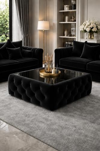 Image of Premium Tufted Upholstered Coffee Table with Mica Top - Modern Square Ottoman Center Table, Soft Velvet Finish, Luxury Living Room Furniture - 30 x 30 x 18 Inch (Black)