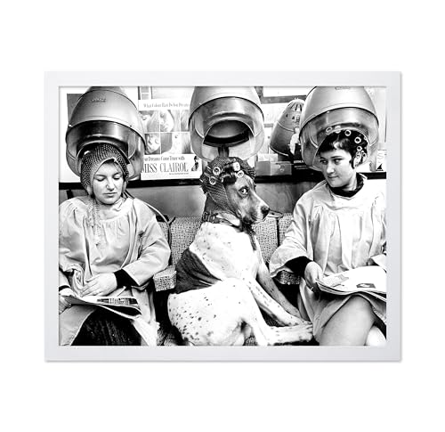 Poster Master Dog In The Spa Poster - Canine & Women Print - Photography Art - Fashion Design - Black & White Print - Dog Illustration - Salon Design - Funny Salon or Spa Decor - 11x14 White Framed