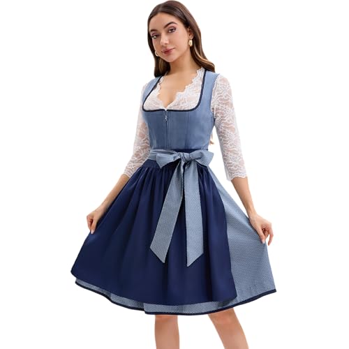 Goxozzy Dirndl Damen Midi aus Samt Mit Dirndlschürze für das Oktoberfest Lang Trachtenrock Größen 34-44 Länge 60cm Blau(DE/NL/SE/PL, Numerisch, 42, Regular, Regular, Blau)