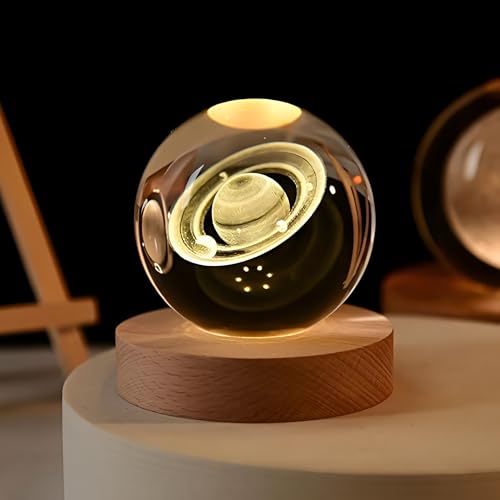 Image of 3D Crystal Ball Night Light with Wooden Base, Aesthetic Clear LED Lamp for Home and Bedroom Touch Switch, Warm Light for Kids and Teens Perfect Birthday & Anniversary (Saturn Light)