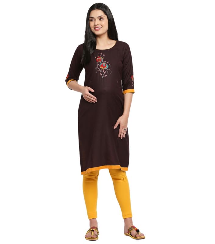 Maternity Kurti for Women | Embroidered Feeding A-line Kurta with Dual Nursing Zippers in Polyester for Pre & Post Pregnancy-image-24