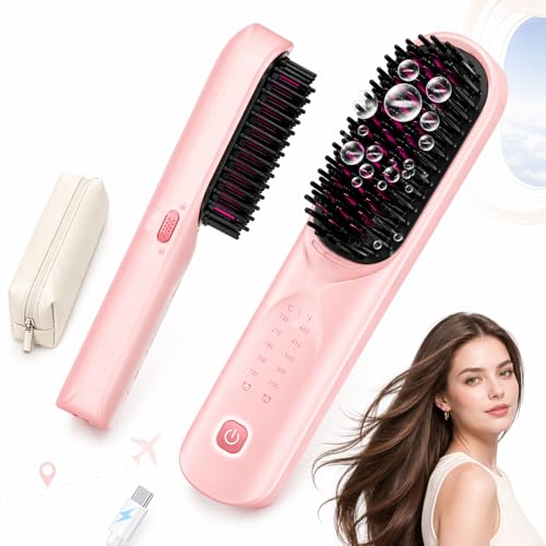 Bopcal Cordless Hair Straightener Brush Portable Heated Styling Brush for Travel 10000mAh Rechargeable Hair Brush 300M Negative Ions 6 Heat Settings 150-230C Type-C Travel Pouch