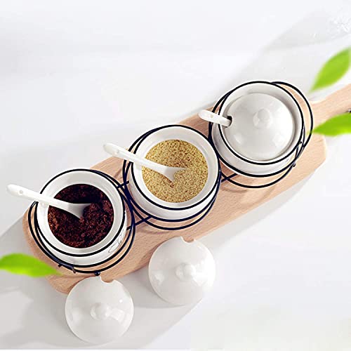 Ceramic Spice & Sugar Jars, With Lids Spoons And Shelf,Porcelain Condiment Kitchen Jar Spice Container Set, 230 Ml,3 Pcs #TOP7