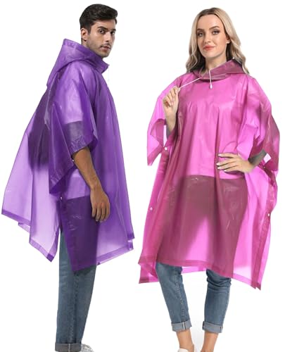 HOOMBOOM Reusable Rain Ponchos with Drawstring Hood for Adults, Waterproof Thicken Rain Coat, 2 Packs