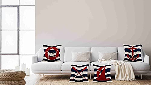 Taysta Set Of 4 Linen Throw Pillow Cover Case Summer Coastal Nautical Theme Red Anchor Sailboat Compass Waves Decorative Pillow Cases Covers Home Decor Square 20 X 20 Inches Pillowcases #TOP2