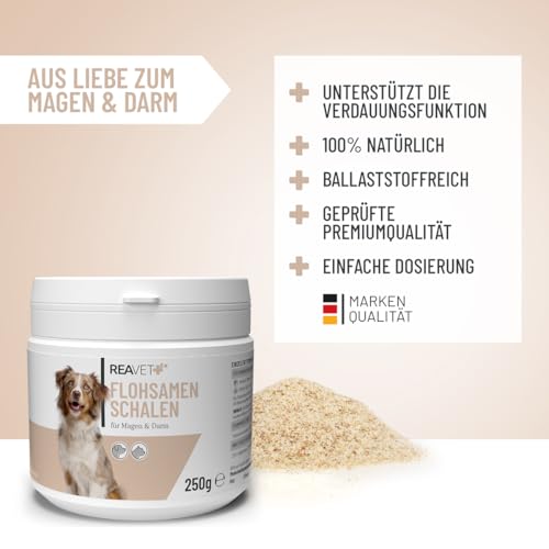 ReaVET Flohsamenschalen für Hunde & Katzen 250g - Naturrein in Premium Qualität, Ballaststoffreich, Glutenfrei I Flohsamen für Hund & Katze in Premiumqualität, Ohne Zusätze