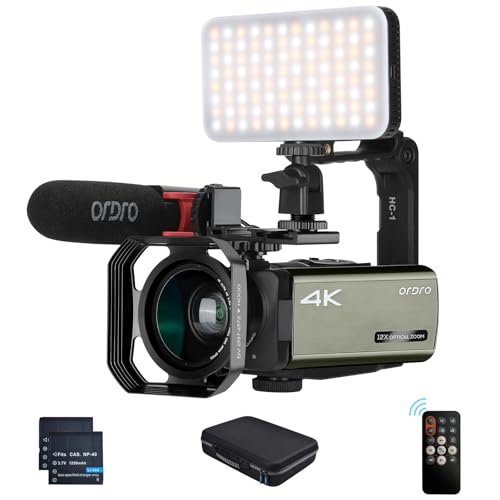 ORDRO 4K Camcorder UHD Video Camera Digital 1080P with 12x Optical Zoom Live Streaming Camera Recorder Bundle