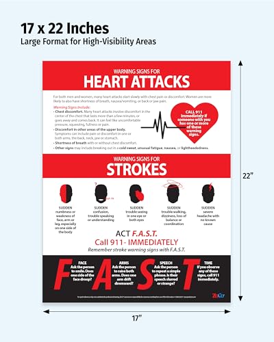 ZOCO – Heart Attack & Stroke Symptoms Poster – Health Awareness Chart for Workplace, School, or Medical Clinic – American Heart Month Sign – Laminated 17x22 - Thumbnail 2