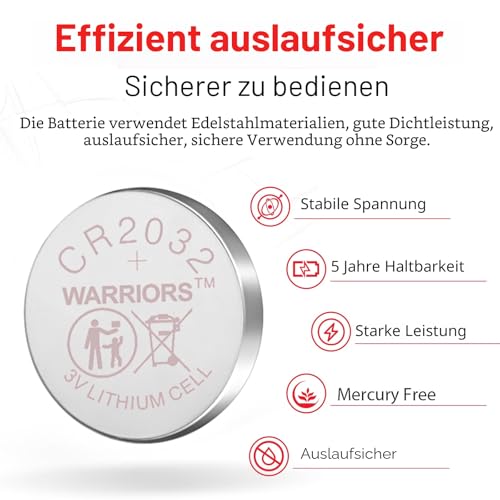 Warriors 20X CR2032 Batterien Knopfzellen, 20er Pack Vorratspackung, 3V 240mAh Extra Kapazität, Lange Haltbarkeit, Zuverlässige Knopfzellen für Schlüsselanhänger, Waagen 2