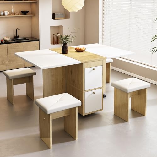 Sapgaks Mesa de Comedor Extensible 120 x 80 cm Con 4 Sillas - Plegable, Madera Auténtica, Roble Blanco