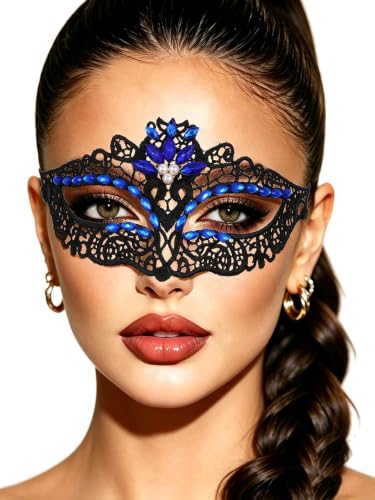 Tgirls Crystal Masquerade Mask Rhinestone Lace Mask Venetian Party Prom Ball Face Mask for Women (Blue)