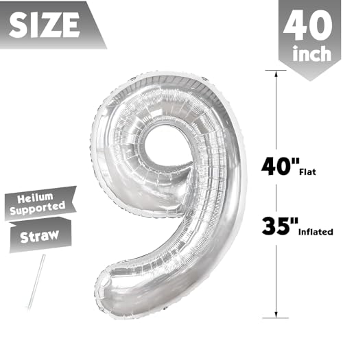 Image of 40 Inch Silver Number 9 Balloon Birthday Party Decorations for Men & Women | 40 Inch Silver inflatable foil number balloons, large birthday decorations for 9th birthday