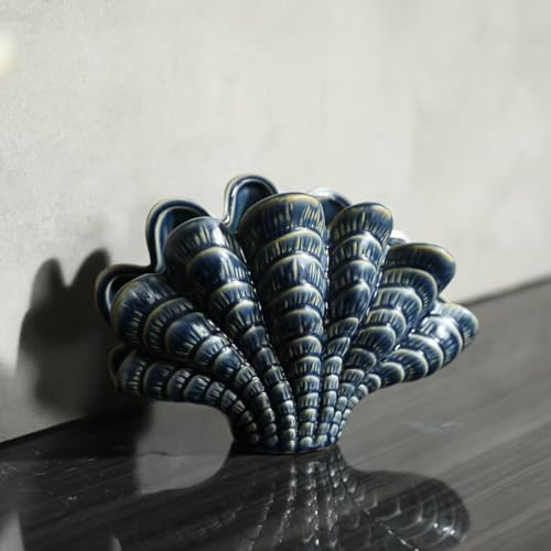 Rekeell Creative Art Ceramic Seashell Sculpture, Blue Glazed Finish, Nautical