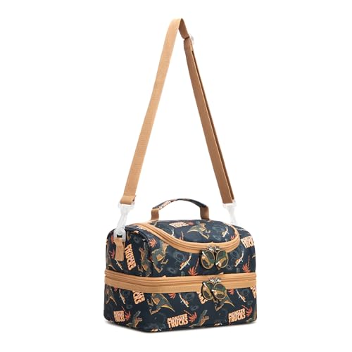 Image of Insulated Kids Dual Compartment Lunch Bags Tote Pack for Girls Boys Toddler Kindergarten School Picnic Cooler Thermal Lunch Boxes with Strap Truck Dinos